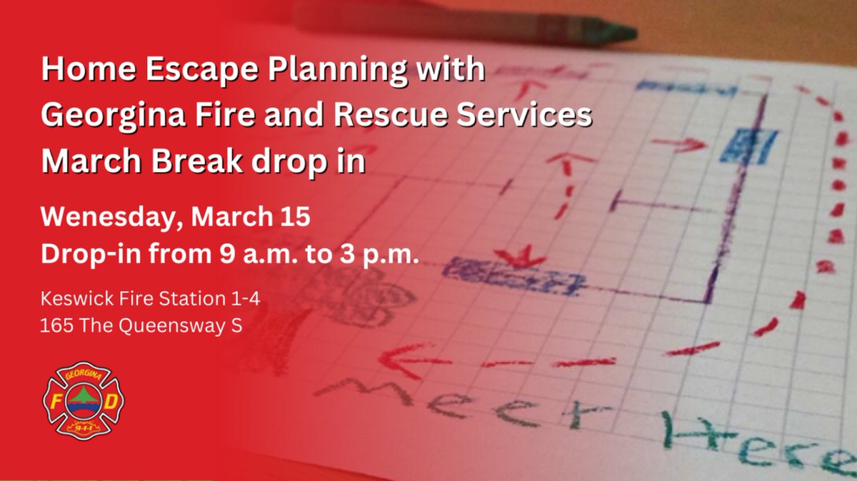 georginafire's tweet photo. Have a home escape plan but want us to take a look? Drop by our Keswick fire station during March Break on Mar 15 from 9am-3pm to ask questions and have us look over your plan. While you’re here, check out our fire trucks and meet our firefighters. Visit https://t.co/BC3XbLoWI3 https://t.co/2KFWStY1jQ