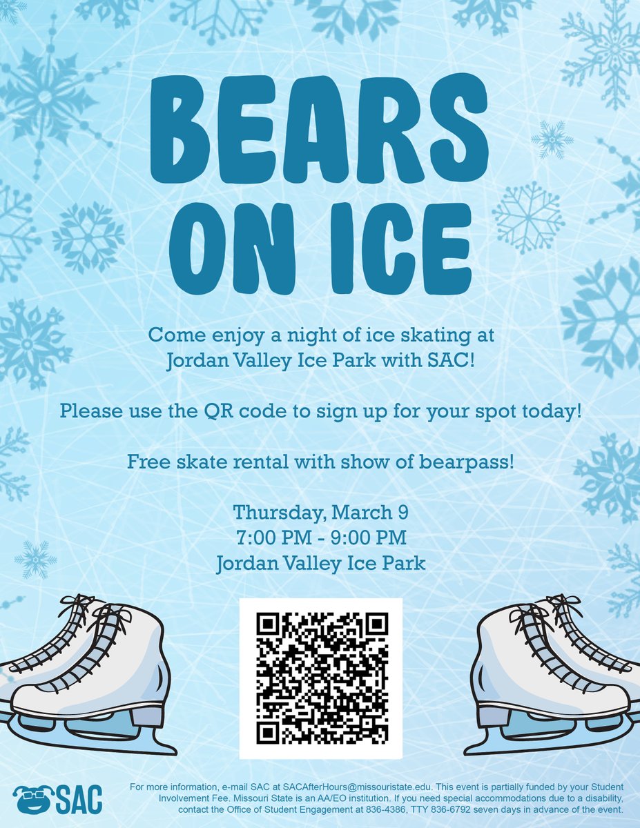 Missouri State University Family Programs (@bearsfamilies) on Twitter photo <a href="/MOStateSAC/">Student Activities Council at MSU</a> has some fun activities planned for this week. Today is Breaking Bearriers and Behind the Screen with Stephen Glickman! Tuesday is National Flapjack Day & there will be free pancakes in the <a href="/MSU_PSU/">Plaster Student Union</a> from 9-10:30am while supplies last. On Thursday, it's Bears on Ice! <a href="/MOStateSAC/">Student Activities Council at MSU</a> has some fun activities planned for this week. Today is Breaking Bearriers and Behind the Screen with Stephen Glickman! Tuesday is National Flapjack Day & there will be free pancakes in the <a href="/MSU_PSU/">Plaster Student Union</a> from 9-10:30am while supplies last. On Thursday, it's Bears on Ice!