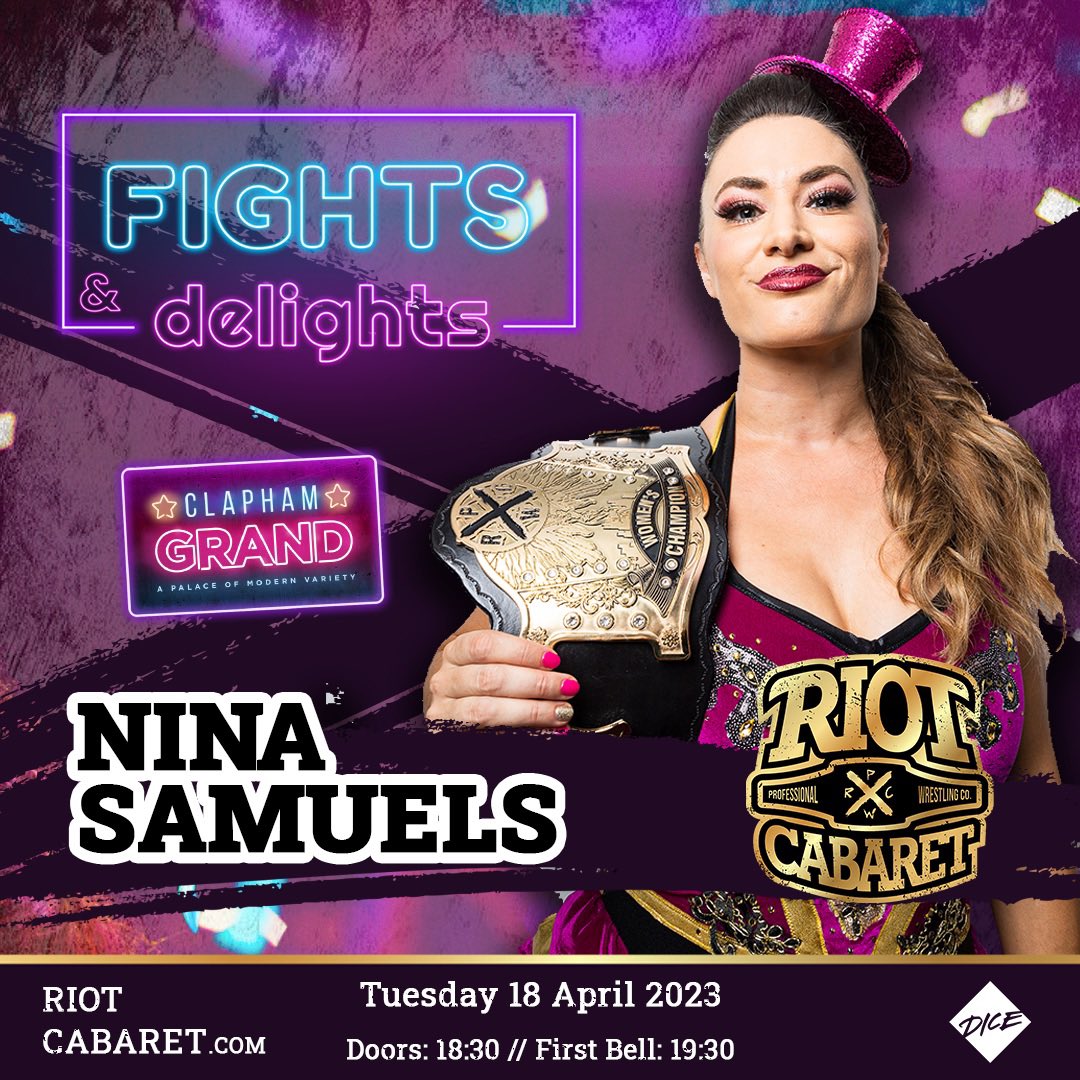 🔥 Riot Cabaret is #TheNinaSamuelsShow.

⚡️ The champ is undefeated since her debut in August and returns to defend the gold at #FightsAndDelights on 18 April!