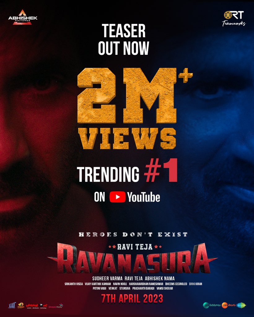 #RavanasuraTeaser unleashes its fury 🔥

youtu.be/6DcPh88Wwsg
 
Strikes 2️⃣ million+ views & Trending #1 on youtube 💥

@RaviTeja_offl @iamSushanthA 
@sudheerkvarma @AbhishekPicture
@RTTeamWorks #Ravanasura #RavansuraMovie #RaviTeja