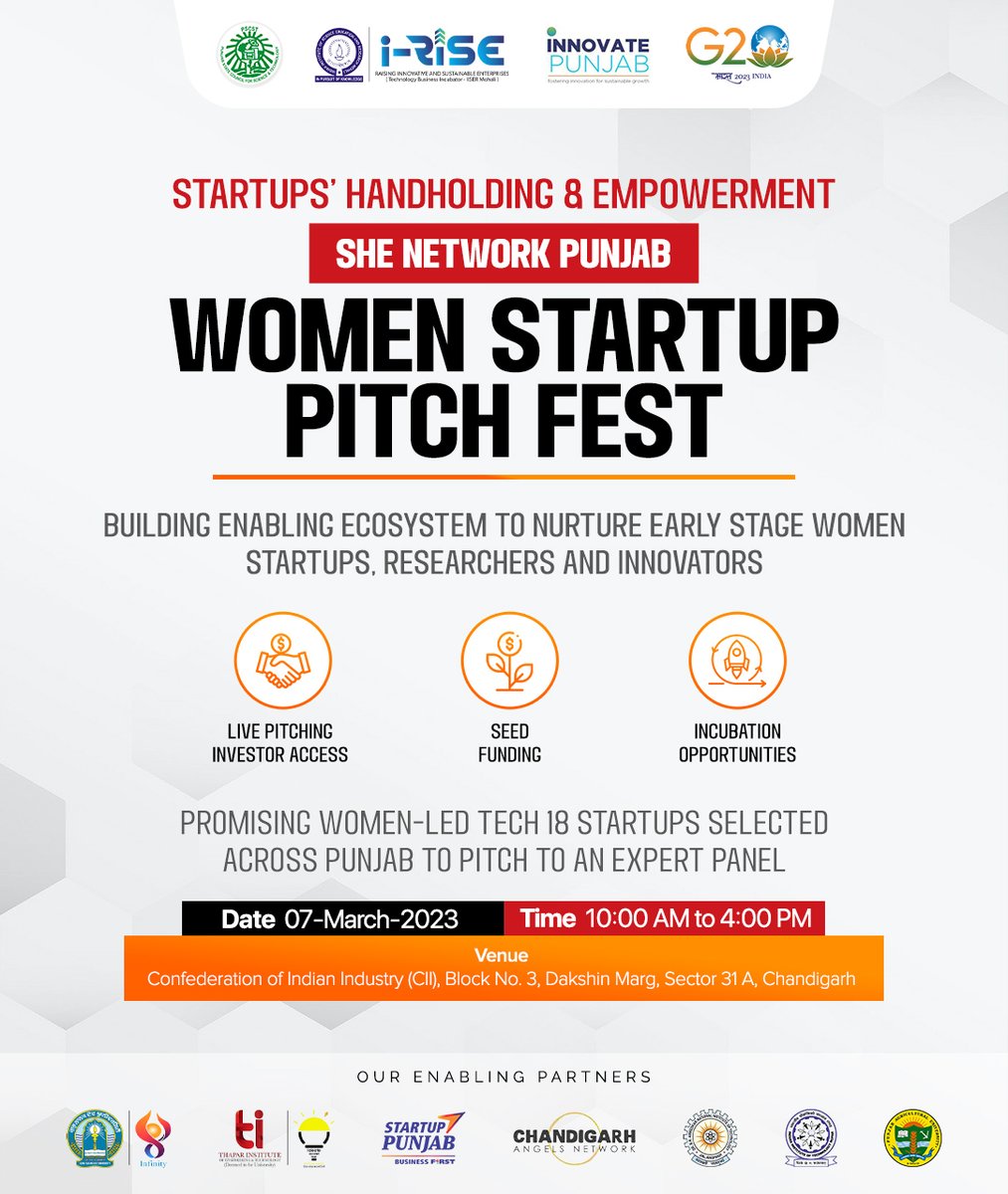 Get ready for #WomenStartup PITCH FEST under the SHE initiative of the 
@PSCST_GoP
  in association with i-RISE TBI @IiserMohal.

📌: Confederation of Indian Industry (CII), Block No. 3, Dakshin Marg, Sector 31 A, Chandigarh
🗓️: March 7, 2023
⏰: 10:00 AM to 4:00 PM

#iisermtbi