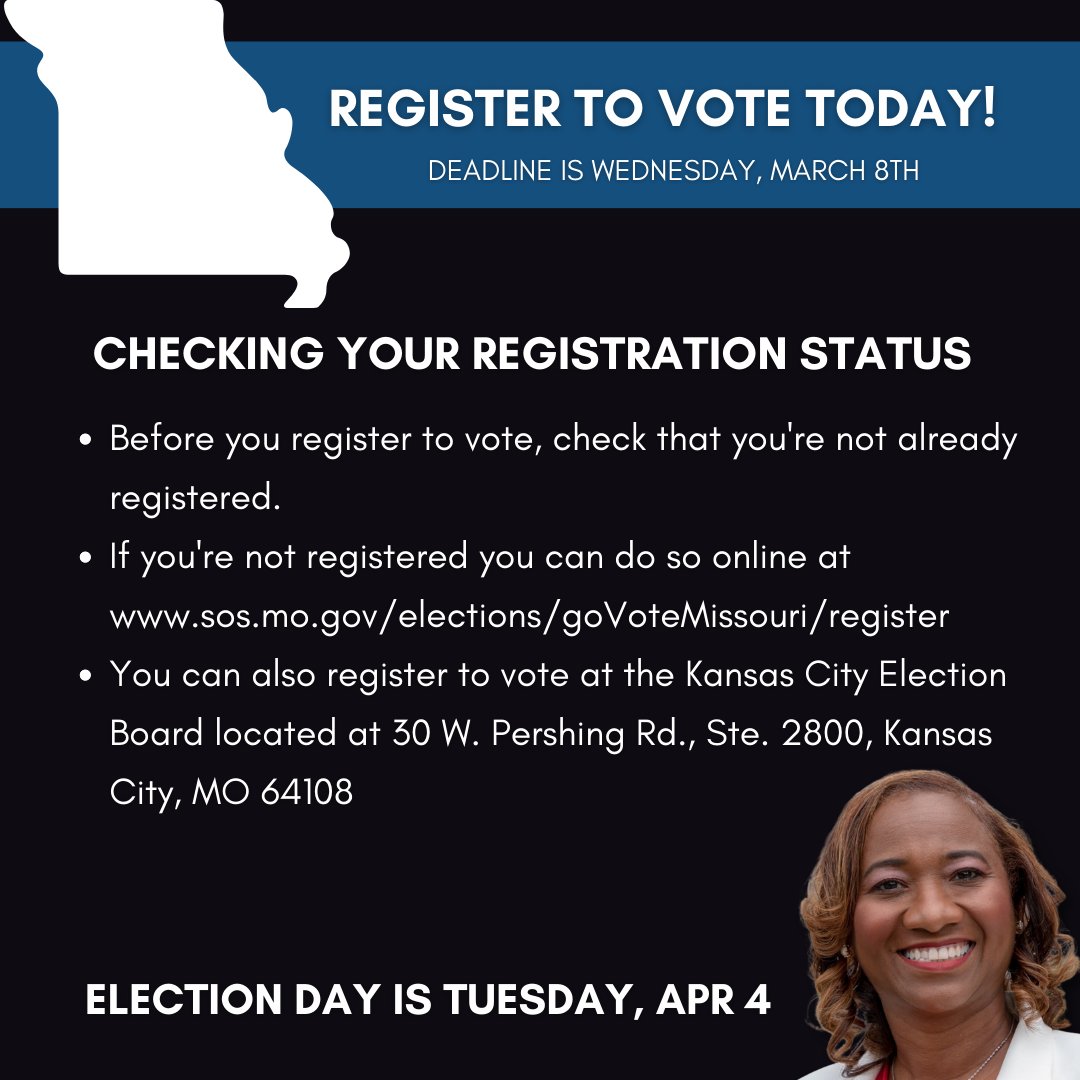 Ryana4KC's tweet image. This Wednesday, March 8th is the deadline to register to vote in the Tuesday, April 4th election. sos.mo.gov/elections/goVo…

You can register in person at the Kansas City Board of Elections located at 30 W. Pershing Road.
