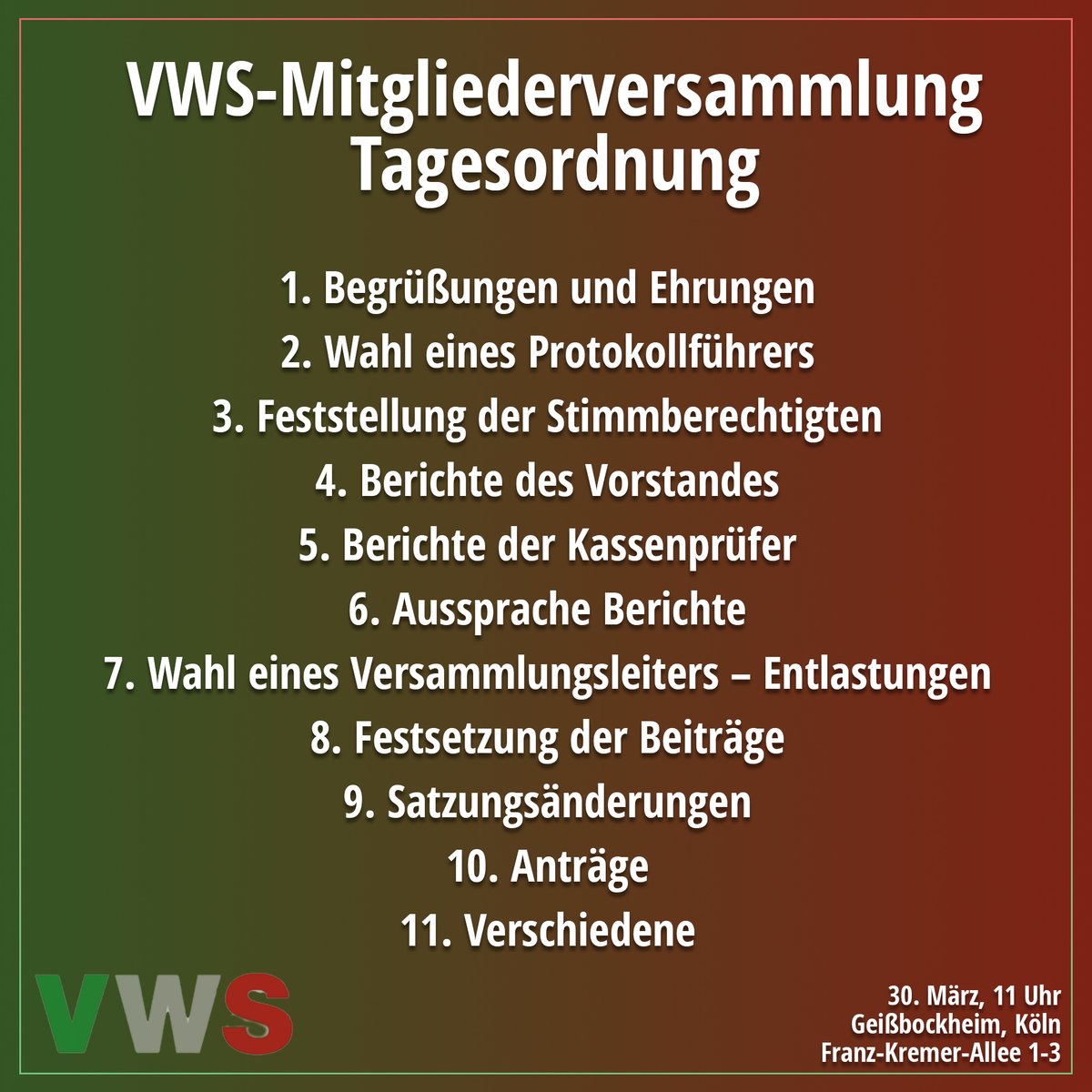 Die Einladungen zur #VWS-Mitgliederversammlung am 30. März sind draußen. Das Präsidium bittet um verbindliche Anmeldung bis Montag, 20. März um 18 Uhr an: giwup@aol.com