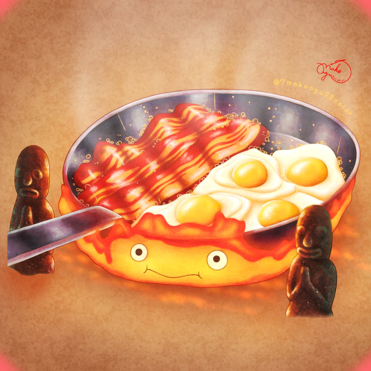 ハウルの動く城》のカルシファーとベーコンエッグを描いてみました