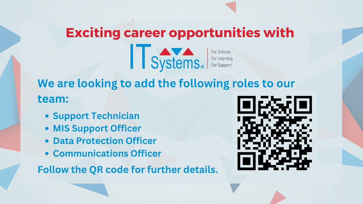 ITSystems_ITS's tweet photo. Come and join our growing team.
IT Systems are looking for enthusiastic people to further enhance our team.
#careers #ITCareers #managementinformationsystems #MISSupport #DataProtectionOfficer #SupportTechnician #CommunicationsOfficer #managedserviceprovider https://t.co/rbAAgoHbfp