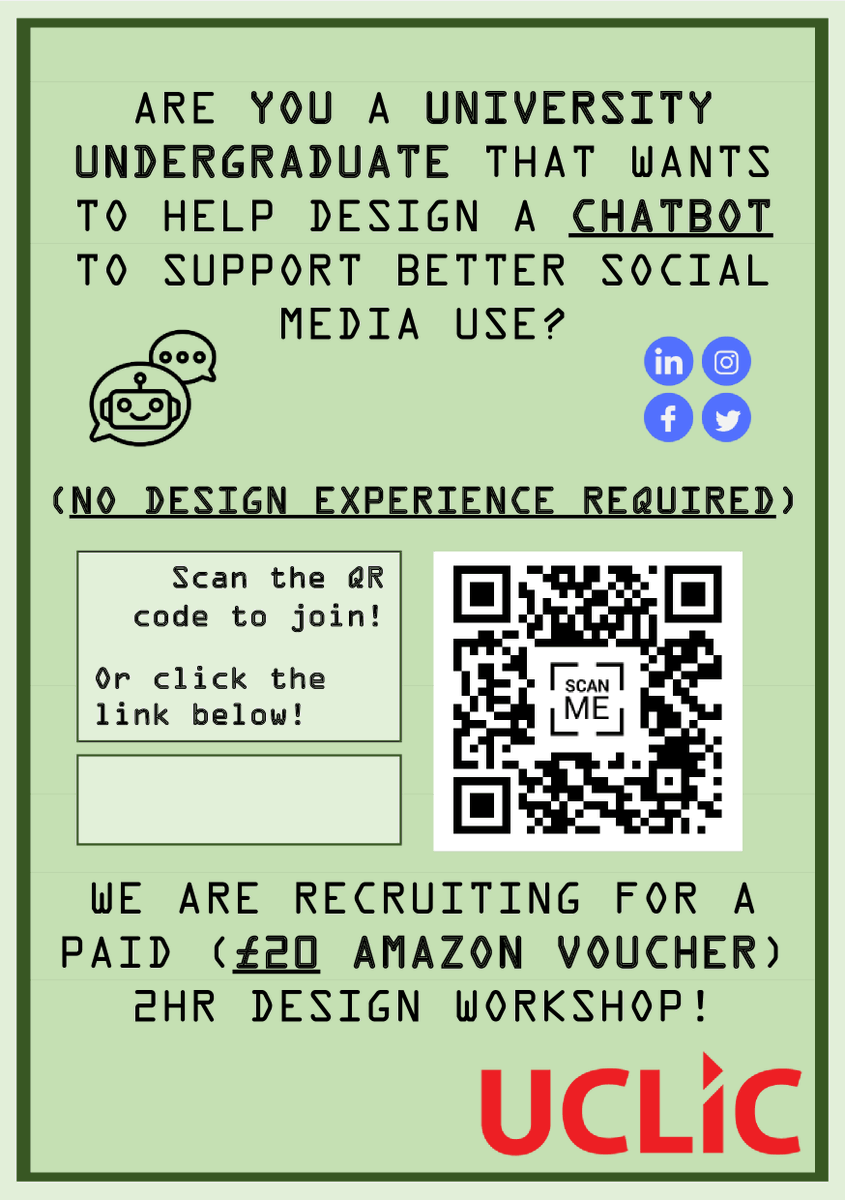 Are you a London-based undergraduate that wants to help design a chatbot to support healthy social media use? (no design experience required!)

Sign up to a paid (£20) design study here: redcap.link/ahgx90h8

<a href="/UCLPALS/">UCL Psych & Lang Sci</a>  <a href="/UCLPsychSociety/">UCL Psych Society</a> <a href="/UCLPsychBSc/">UCLPsychBSc</a>  <a href="/UCLTechSoc/">UCL TechSoc</a> <a href="/eWorkResearch/">eWorkResearch</a>