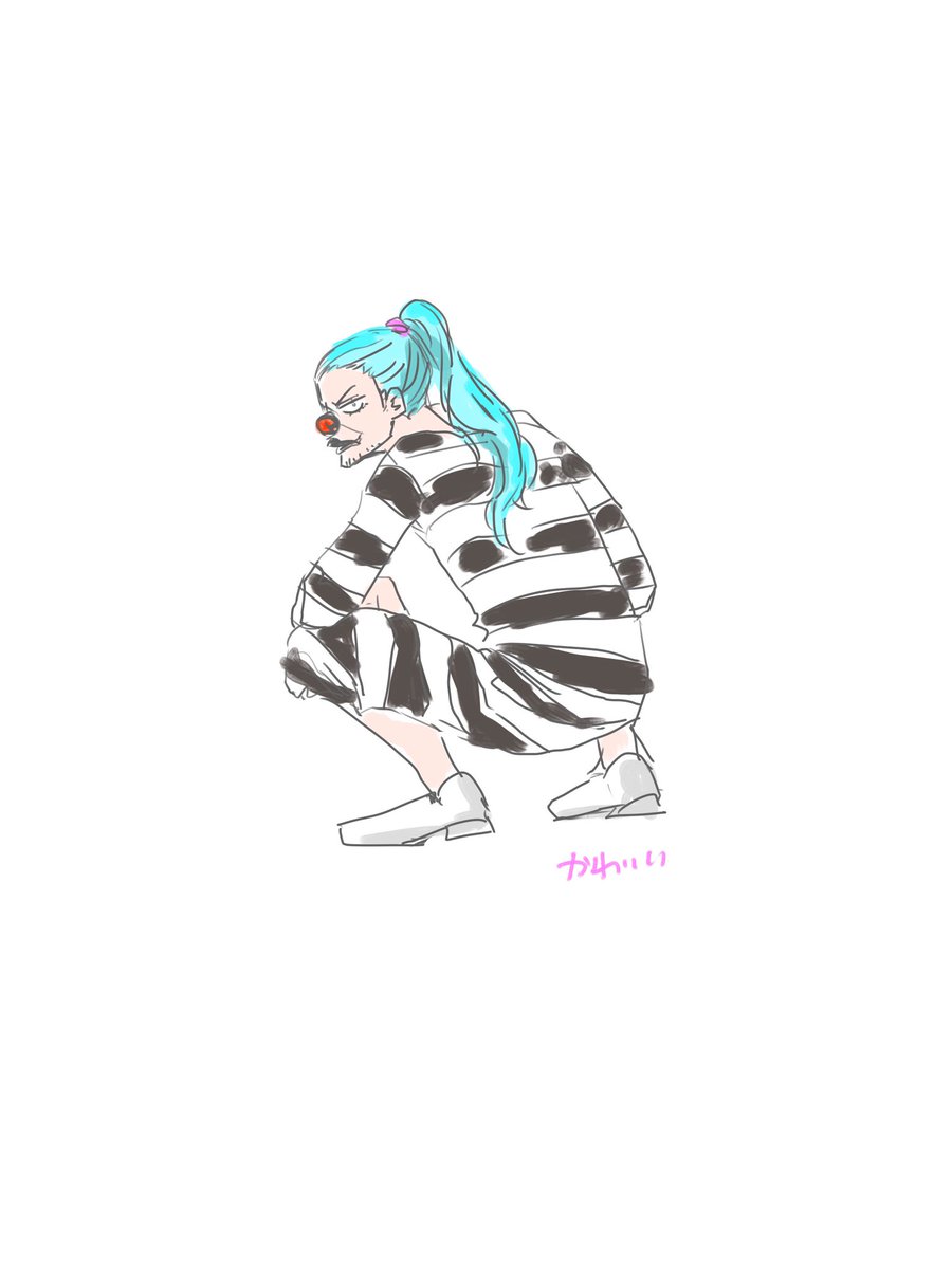 prison clothes solo squatting long hair ponytail blue hair striped shirt  illustration images