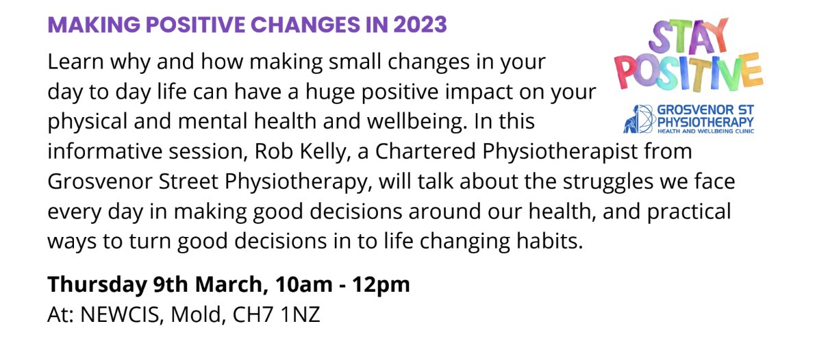 @RobKellyPhysio is looking forward to talking at @NEWCISCC this week about positive changes to benefit our health and well-being 💪🏋️🚴🏻🧘🏼‍♀️🧠❤️ #gsphysiomold @CelticBiz @NWalesSocial @MoldTown