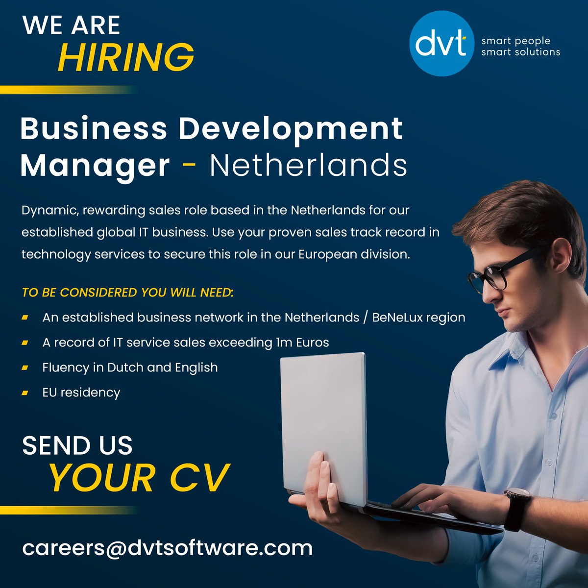 📢 We are hiring! Business Development Manager - Netherlands. 🇳🇱

✅ Use your proven sales track record in technology services to secure this role in our European division.

📩 Send your CV to careers@dvtsoftware.com.
#hiring #sales #technology #JobSeekers