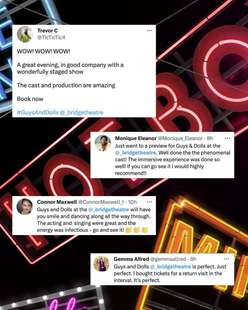 _bridgetheatre's tweet photo. “What’s happenin’ all over? I’ll tell ya what’s happenin’ all over!” 

Our first #GuysAndDolls audiences having an amazing time 🎲💃🎶 https://t.co/4Gt3p9y9lt