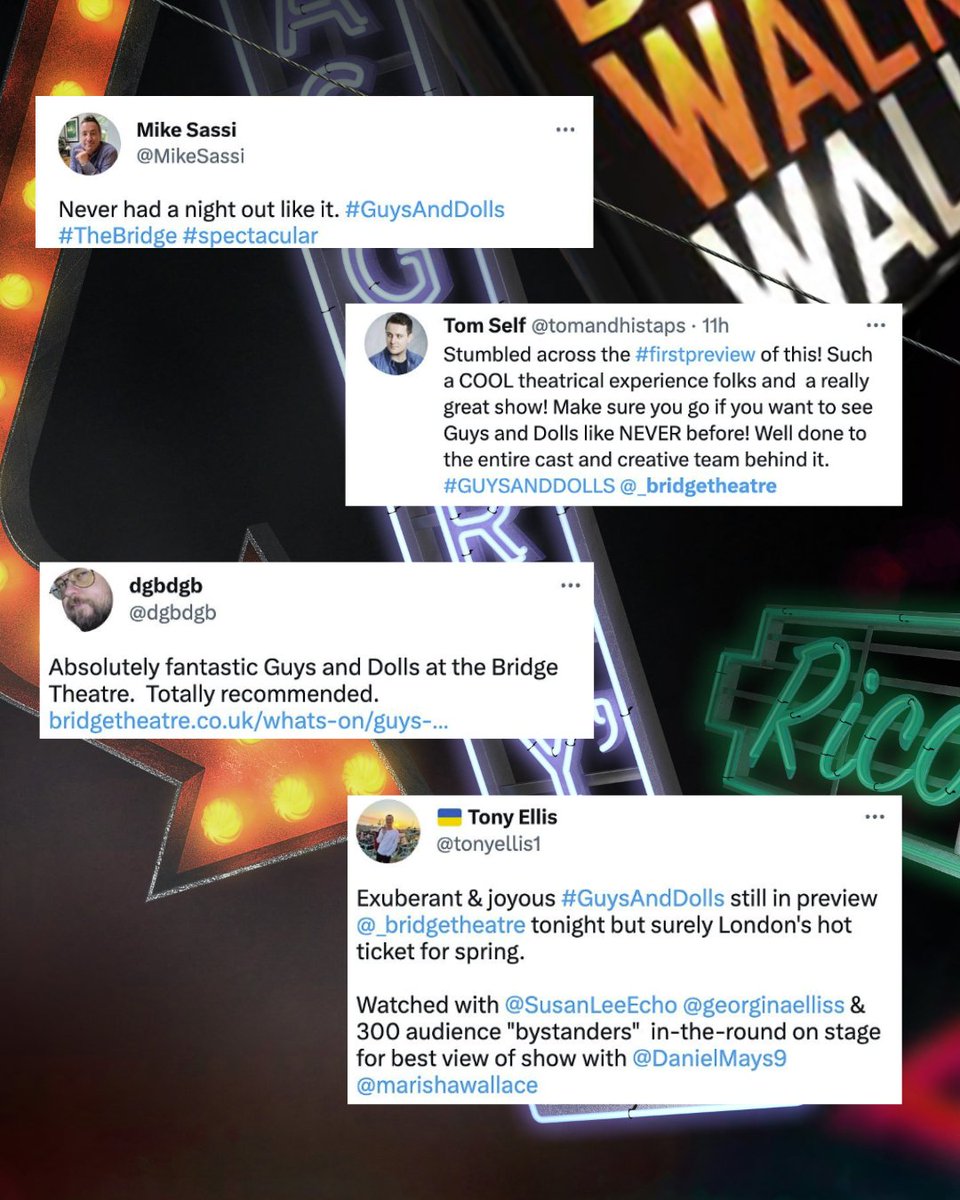 _bridgetheatre's tweet photo. “What’s happenin’ all over? I’ll tell ya what’s happenin’ all over!” 

Our first #GuysAndDolls audiences having an amazing time 🎲💃🎶 https://t.co/4Gt3p9y9lt