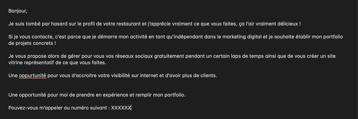 cashmak_bx's tweet photo. Jour 1 à 14 (1/2) :

Tu vas prendre ton PC et utiliser phantombuster ou encore la version d'essai de https://t.co/hAdiHCvdCY pour récupérer 300 e-mails de restaurants (dans ta ville de préférence).

Tu vas ensuite envoyer un e-mail pour dire quelque chose de ce genre : https://t.co/JRbdsLhuXT