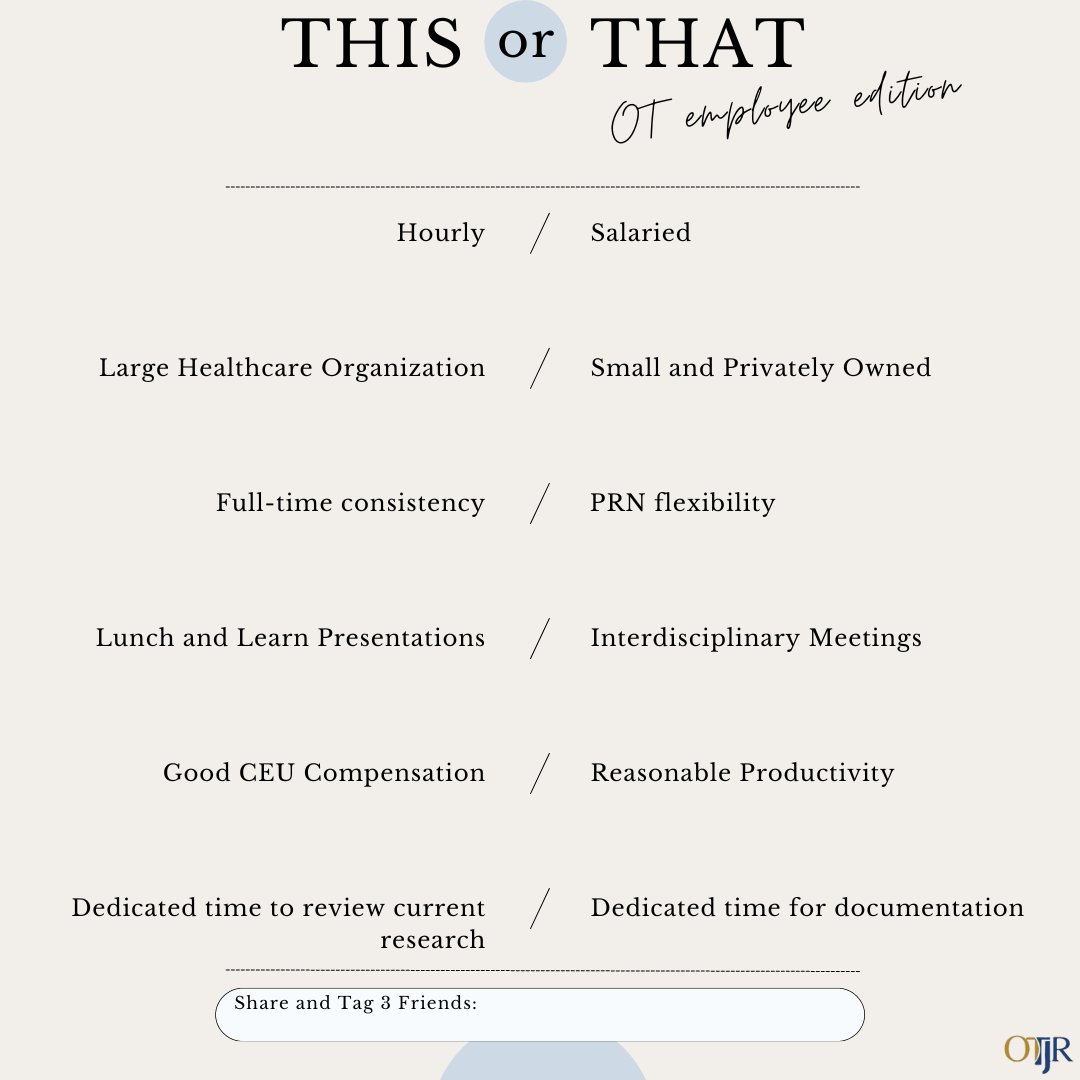 OTJRJournal's tweet photo. It is always nice to ease into the week with a little #thisorthat
As an OTP, which elements of your position are you picking?
#occupationaltherapy #occupationaltherapist #otp #OT #therapy #wouldyourather #otstudent #rehabilitation #healthcare #otd #ots #otr #futureot #futureota https://t.co/suHcwJJfpr