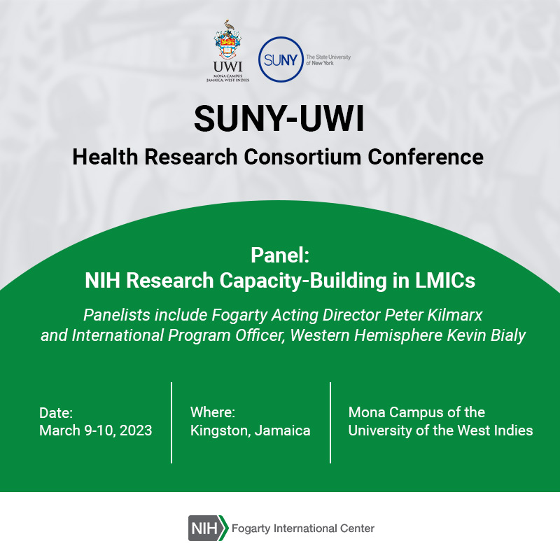 Fogarty_NIH's tweet photo. Fogarty Acting Director @PeterKilmarx  &amp; Program Officer-Western Hemisphere Kevin Bialy will speak on #NIH research capacity-building in #LMICs - March 9 at the SUNY-UWI Health Research Consortium Conference.
Info: https://t.co/ljN4kPosBZ
@UWImona @UBuffalo https://t.co/yuQYqQzIi5