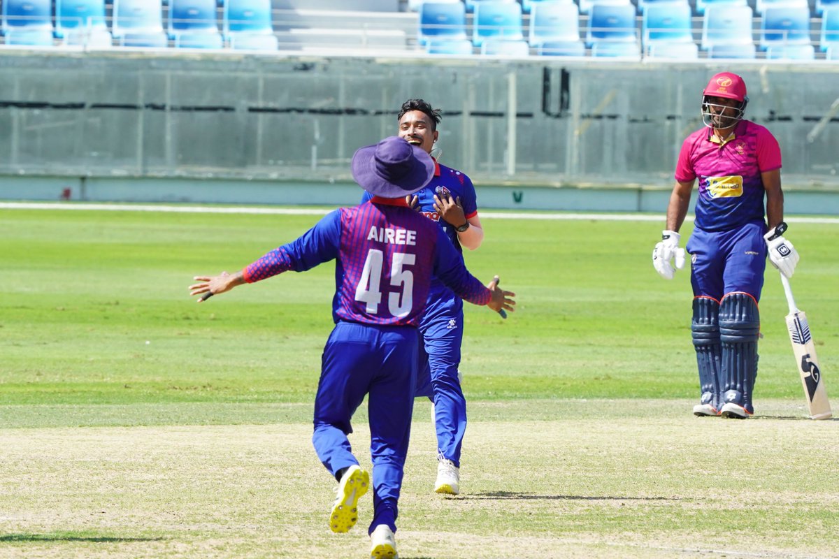 ICC's tweet photo. Nepal keep their Qualifier hopes alive in the @cricketworldcup League 2 with a thrilling win over UAE 🔥

Watch all the action from the upcoming games LIVE and for FREE on https://t.co/CPDKNxoJ9v (in select regions) 📺

📝 Scorecard: https://t.co/CMy2WovbzG https://t.co/wSDINL13oQ