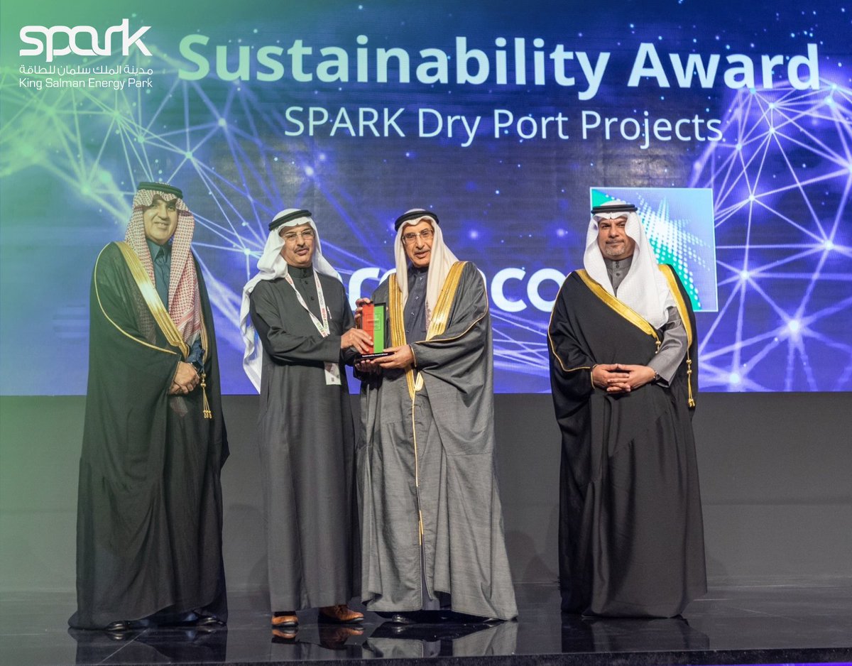 ksa_spark's tweet photo. #SPARK is proud to have been selected as a winner for the “Sustainability Award” at the #MEOSGEO for SPARK’s eco-friendly sustainable materials and designs used in the dry port. https://t.co/TCs4mkKKGH