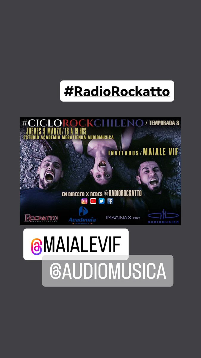 #RadioRockatto #CicloRockChileno #MasMusicaCL (@radiorockatto) on Twitter photo Atenti JUEVES 09 entrevista <a href="/MaialeVif/">Maiale Vif</a> en #CICLOROCKCHILENO 79 desde <a href="/audiomusica/">Audiomusica</a> #ponleoreja <a href="/AlSurdelRock/">Al Sur del Rock , #CicloRockChileno #RadioRockatto</a> <a href="/Musicachilenacl/">MusicaChilenaCL</a> <a href="/portaldisc/">PortalDisc</a> <a href="/IMICHILE/">IMICHILE</a> <a href="/agendachilenacl/">Agenda Chilena</a> <a href="/MonosCl/">La Radio de Los Monos</a> <a href="/telodamus/">Teniente Telodamus</a> <a href="/GoodStockRadio/">GOODSTOCK RADIO</a> <a href="/musica_popular/">MusicaPopular.cl</a> <a href="/SacredSerenity_/">Monita_Caro👩🎤🖤</a> <a href="/Agenda_Musical/">AgendaMusical.cl</a> <a href="/IMAGINAX_pro/">IMAGINAXpro</a> <a href="/GuatonFantasma/">Max Looff</a> Atenti JUEVES 09 entrevista <a href="/MaialeVif/">Maiale Vif</a> en #CICLOROCKCHILENO 79 desde <a href="/audiomusica/">Audiomusica</a> #ponleoreja <a href="/AlSurdelRock/">Al Sur del Rock , #CicloRockChileno #RadioRockatto</a> <a href="/Musicachilenacl/">MusicaChilenaCL</a> <a href="/portaldisc/">PortalDisc</a> <a href="/IMICHILE/">IMICHILE</a> <a href="/agendachilenacl/">Agenda Chilena</a> <a href="/MonosCl/">La Radio de Los Monos</a> <a href="/telodamus/">Teniente Telodamus</a> <a href="/GoodStockRadio/">GOODSTOCK RADIO</a> <a href="/musica_popular/">MusicaPopular.cl</a> <a href="/SacredSerenity_/">Monita_Caro👩🎤🖤</a> <a href="/Agenda_Musical/">AgendaMusical.cl</a> <a href="/IMAGINAX_pro/">IMAGINAXpro</a> <a href="/GuatonFantasma/">Max Looff</a>