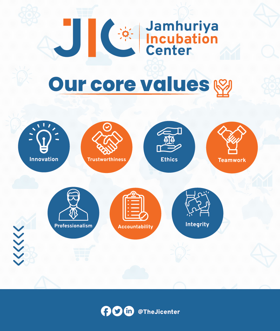 Our core values:
1.  Innovation
2.  Ethics
3.  Teamwork
4.  Trustworthiness
5.  Professionalism
6.  Integrity
7.  Accountability

Stay tuned to us; there’s a major thing coming.

#JIC #JamhuriyaIncubationCenter #JIC2023 #thejicenter