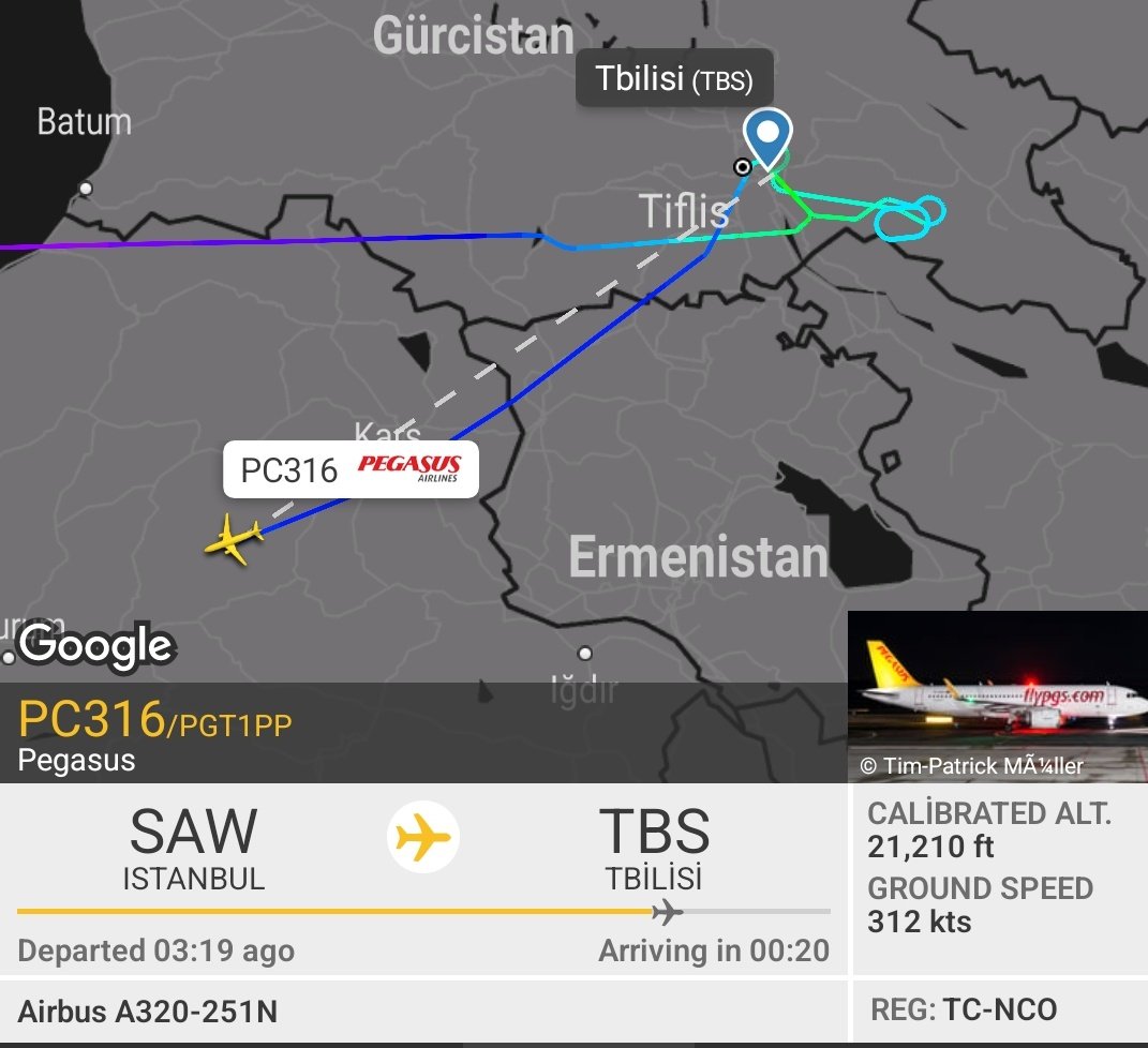 HavaSosyalMedya's tweet photo. Pegasus Havayolları'nın #PC316 Sabiha Gökçen - Tiflis uçuşunu gerçekleştiren A320neo tipi uçak muhtemel olumsuz hava koşulları nedeniyle Erzurum'a divert etme kararı aldı. https://t.co/IA6kGPxBHr