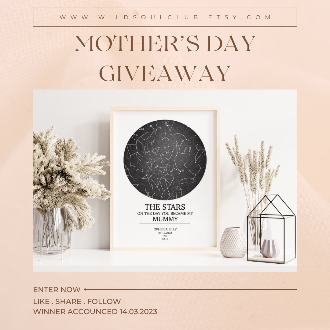 Mother’s Day Giveaway | Custom Star Map

TO ENTER
•Like this post
•Share this post
•Follow us

Winner announced 14.03.2023

Choose from A5 or A4 print.
Prize will be posted to you in time for Mother’s Day.

etsy.me/3yhLkTm

#Win #Giveaway #Competition #MothersDay
