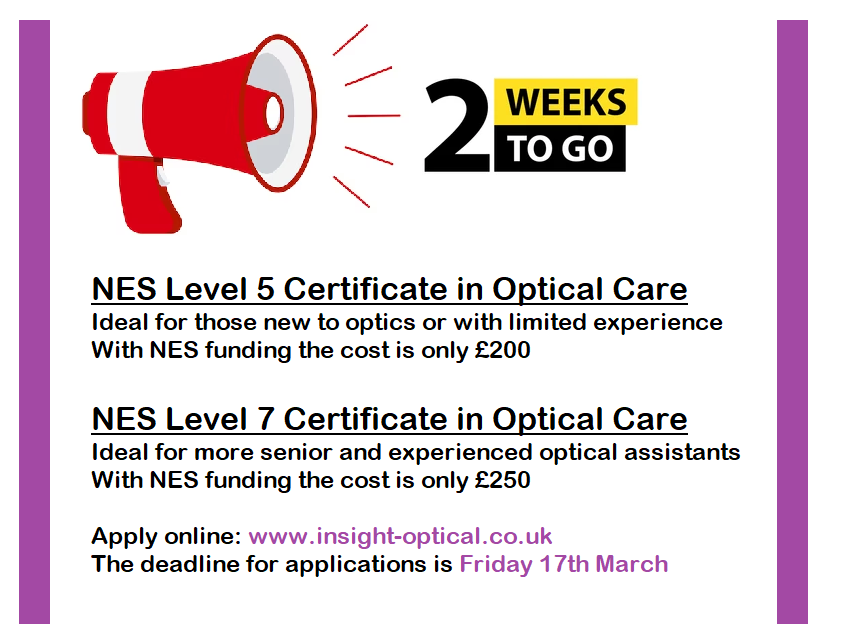 Still time to apply and get NES funding towards the cost

#optometry #optometrist #optometrists #opticians #opticaltraining #opticaleducation #optometryscotland #nesoptometry #nes_optometry #opticalassistant #opticalassistants #dispensingopticians #eyecare #eyecareprofessionals