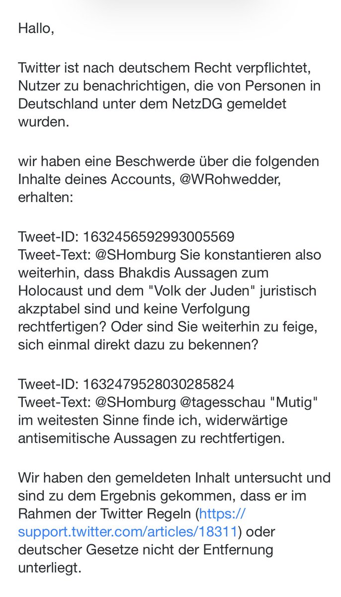 *Dafür* eine Beschwerde? Da müsste sich unter meinen Tweets doch sicherlich Geeigneteres finden lassen. Auch von Denunzianten erwarte ich ein Mindestmaß an Mühe und Einsatz.