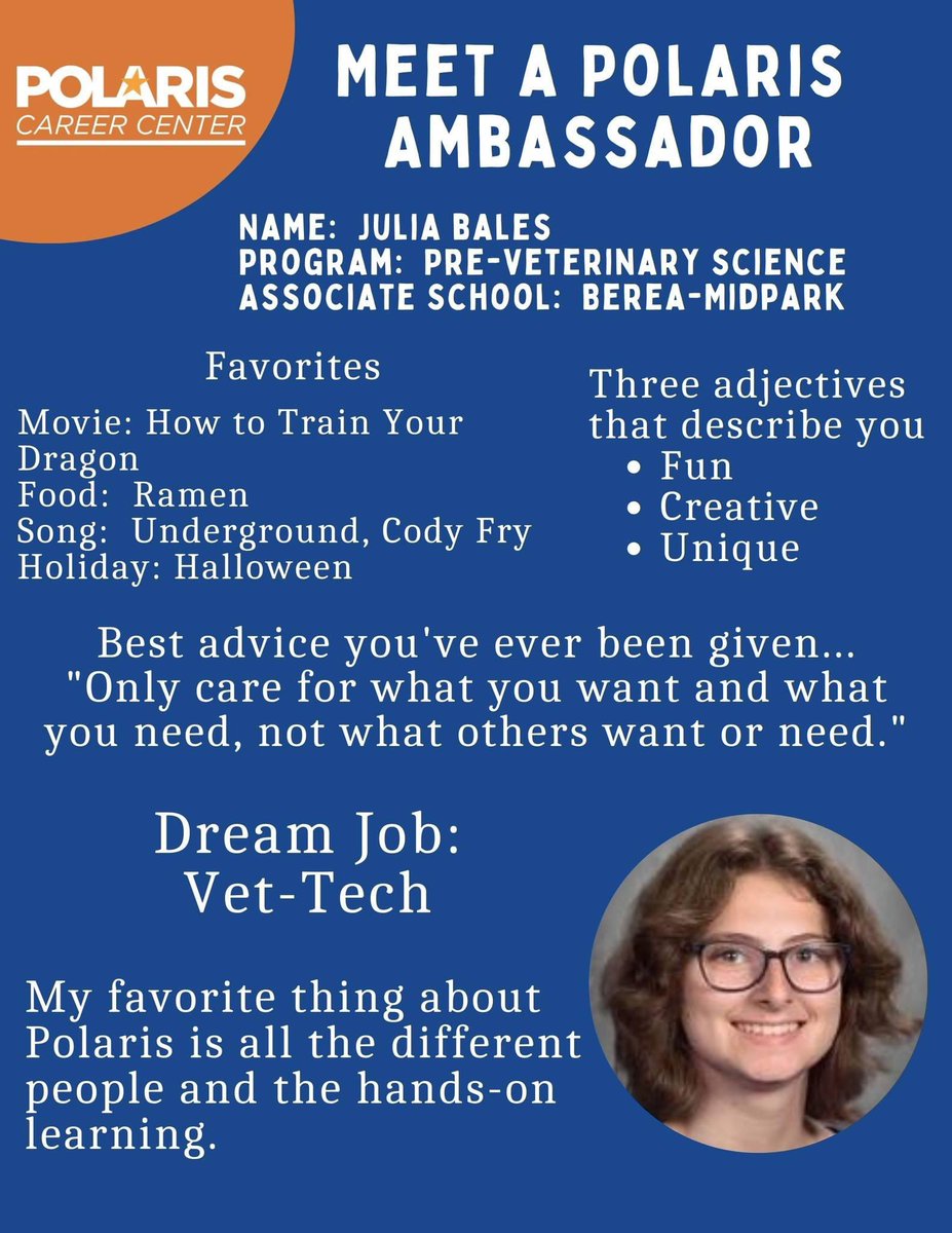 Julia Bales from the Polaris Pre-Veterinary Science 🐶 program and @BMHSTitans is next in our 'Meet a Polaris Ambassador' series.