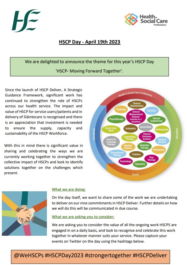 HSCP DAY APRIL 19th 2023 The theme for this year’s HSCP Day 'HSCP- Moving Forward Together'. @WeHSCPs #HSCPDay2023 #strongertogether #HSCPDeliver