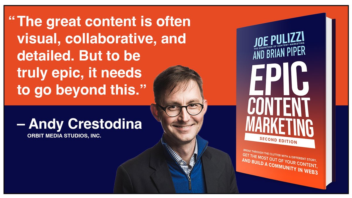 Content marketing guru, speaker, and author Andy @Crestodina has been sharing his knowledge with content marketers for decades. His contributions to the second edition of Epic Content Marketing are truly epic!
#EpicContentMarketing #data #creatoreconomy
bit.ly/0306-andy