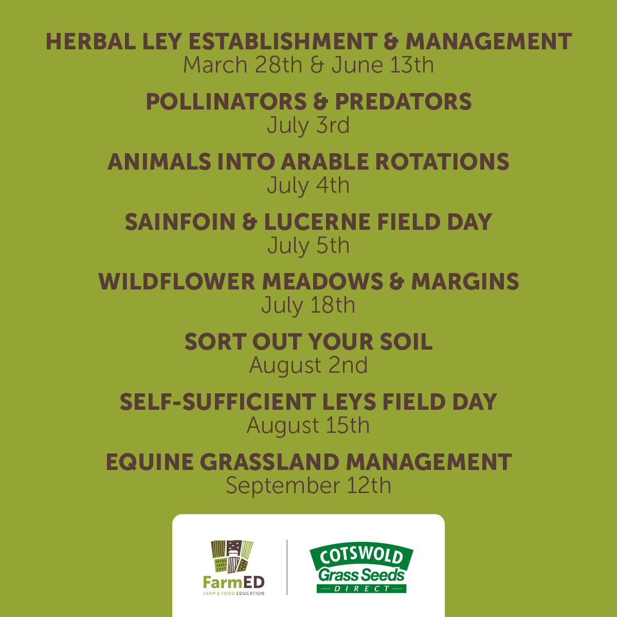 RealFarmED's tweet photo. Join us for a variety of courses brought to you by the FarmED team and @CotswoldSeeds.
All courses will take place at FarmED. Head to our website to purchase your tickets 🎟
#regenag #herballey #oxfordshire #herballeys #farmingeducation #arablerotation #pollinators https://t.co/iSF7AMKmPm
