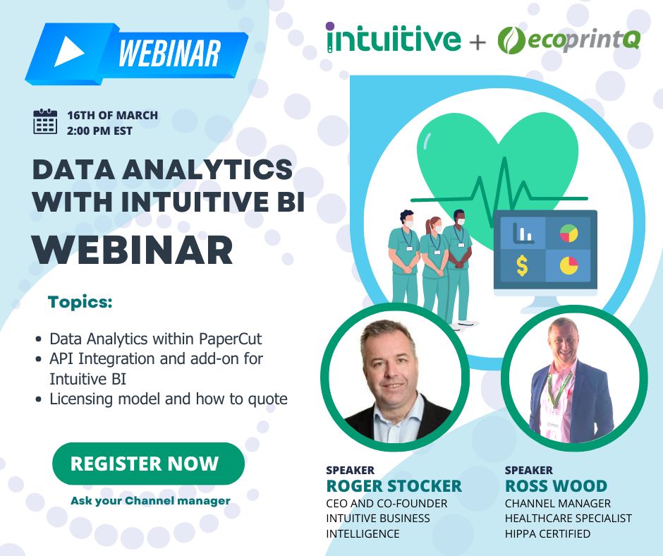 IntuitiveBI's tweet image. On the 16th of March at 2pm EST, Intuitive CEO Roger Stocker will be joining Healthcare expert Ross Wood from @ecoprintQ as part of his Healthcare Webinar Series.

Contact your ecoprintQ Account Manager to register.

#weareintuitive #printmanagementanalytics #ecoprintQ