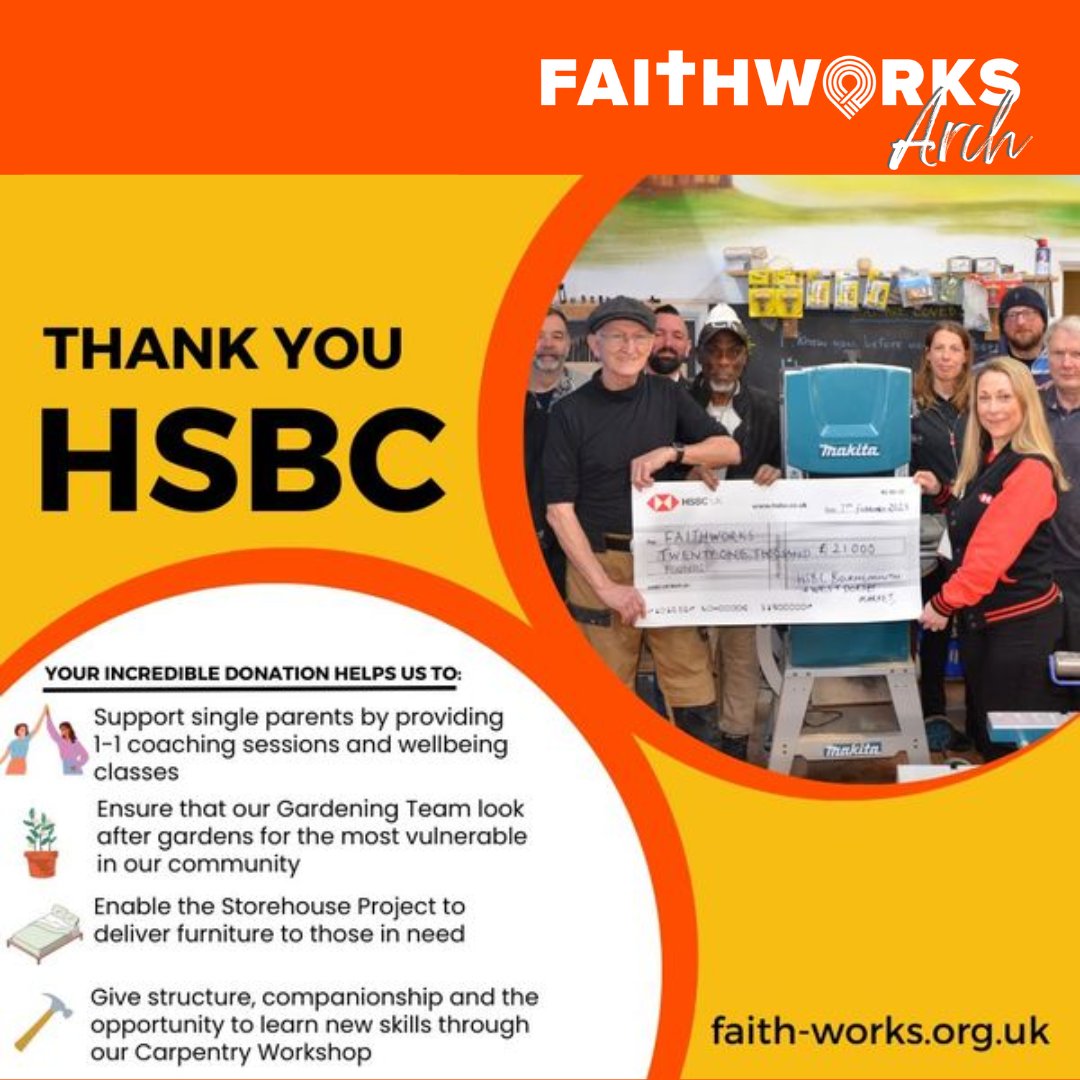 FaithworksDRST's tweet photo. Thank you #HSBCCommunity for supporting our lone parents community and our workshop, gardening team and furniture delivery service! Visit https://t.co/9yVlIxJfEa and see how our Arch and SMILE projects work hard and changing lives.
#localsupport #liftingothers #makingadifference https://t.co/iiYqI4He7e