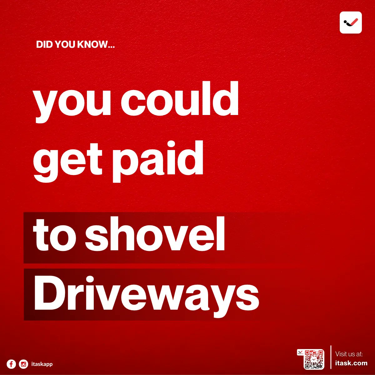 iTaskAppCanada's tweet image. Winter weather got you down? Turn your snow-shoveling skills into cash! Sign up for iTask and start earning today

Register with us at buff.ly/3E18Nfr ❄️💰

#iTaskApp #iTaskServices #iTasker #iTaskAppCanada  #banff #vancouver #toronto #ontario #ontariocanada #winterjob