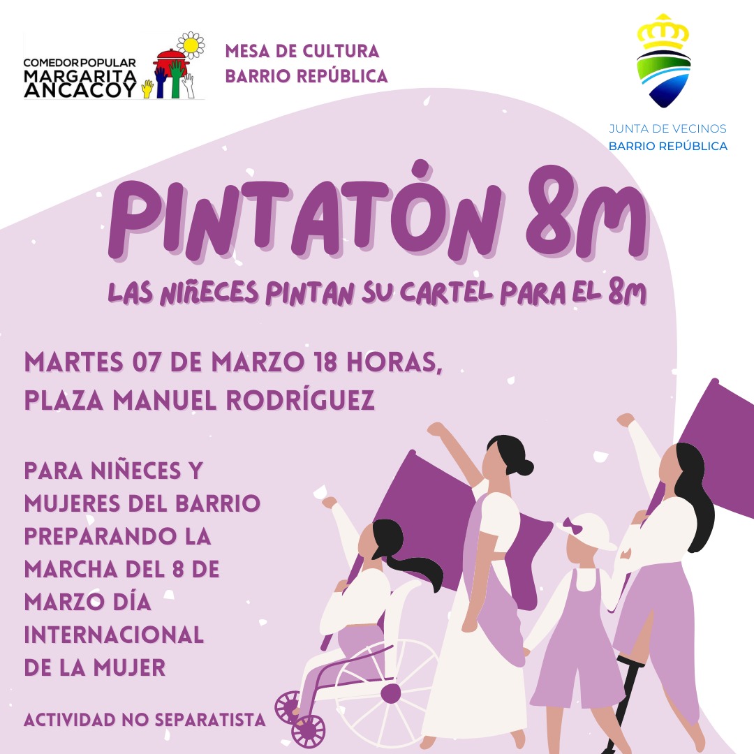 Pintatón 8M en #barriorepublica
"Las niñeces pintan su cartel para el 8M"
Nos vemos en la Plaza Manuel Rodríguez