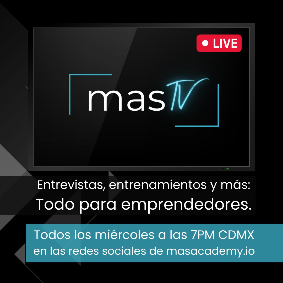 masacademy_io's tweet photo. Una vez a la semana nos conectamos 100% en vivo y 100% gratis a ayudarte a nuestra comunidad de emprendedores con:

✅ Entrevistas.
✅ Entrenamientos.
✅ Masterclasses.
✅ Y más.

¡No faltes al siguiente mas academy TV! 🔴 Todos los miércoles a las 7PM hora Ciudad de México. https://t.co/2zWxYiMSBN