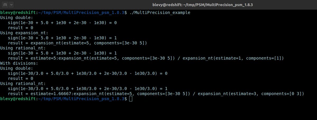 Would be great if one could compute intersections between geometric objects without any loss of precision !
It's possible, using arithmetic expansions. Each number is represented by an array of floating-point numbers that grows dynamically. Yes, it costs smthg, but...