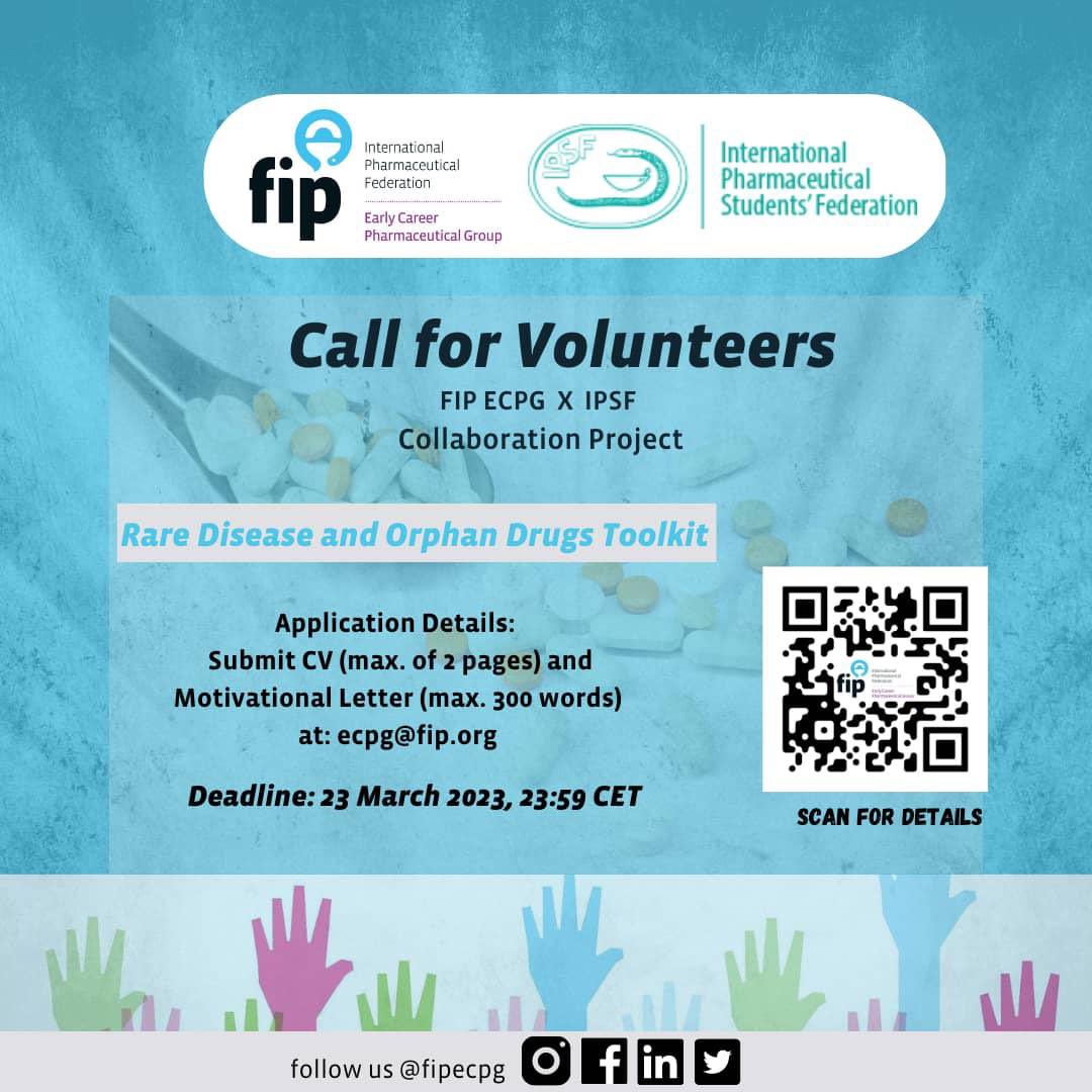 FIPECPG's tweet photo. Call for volunteers!! 

Rare diseases are diseases that  affect small percentage of people all over the world. They are also known as orphan diseases. FIP ECPG is collaborating with IPSF to advocate for better access to orphan drugs for patients with these rare diseases by …. https://t.co/dXQzudljP6