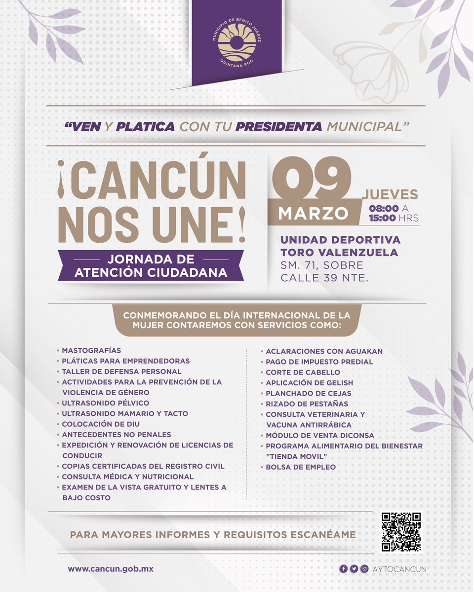 Cancunenses, este
Jueves 09 de Marzo contaremos con 
las Jornadas de Atención Ciudadana #CancúnNosUne en la unidad deportiva del Toro Valenzuela. 

Tendremos una jornada especial con mastografias, pláticas de emprendedoras y muchos servicios más.

#LaIgualdadNosUne 
#CancúnNosUne