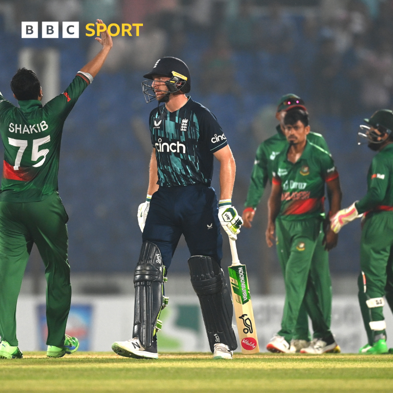 BBCSport's tweet photo. Having already taken a 2-0 lead in the series, England restricted Bangladesh to 246 all out ⛔

However the tourists collapsed falling for 196 all out, with 41 balls of their innings still remaining ❌

#BBCCricket #BANENG