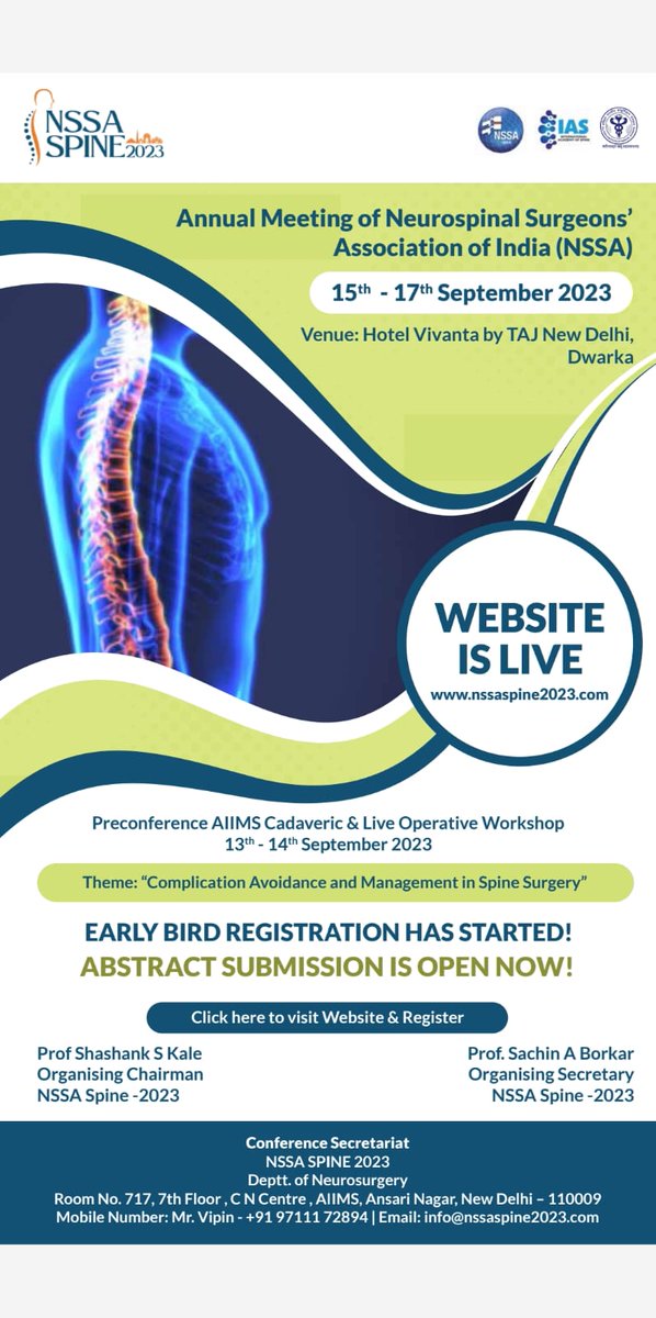 DrSachinBorkar1's tweet photo. Visit https://t.co/fDYCuzIGUP for more details.
Abstract center is now open .
Make use of EARLY BIRD REGISTRATION @NSI_India @AIIMSJ_NeuroSx @manjulneuro https://t.co/yCVCjjU83M