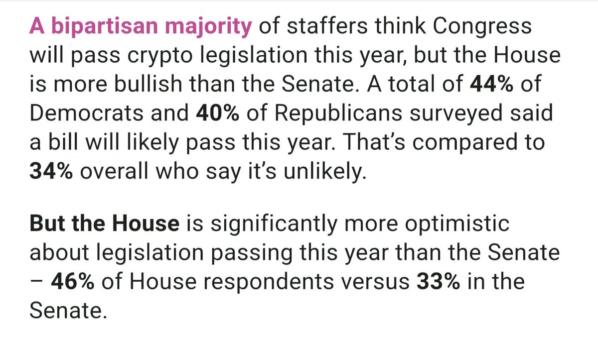 BrendanPedersen's tweet photo. Good to be back! I wrote about some fascinating survey data we pulled together on Congress and crypto.

 A bipartisan majority of senior Hill staffers expect digital asset regulation this year. But lawmakers are deeply divided on the crypto's long-term future. https://t.co/ufFBd7s1Dx