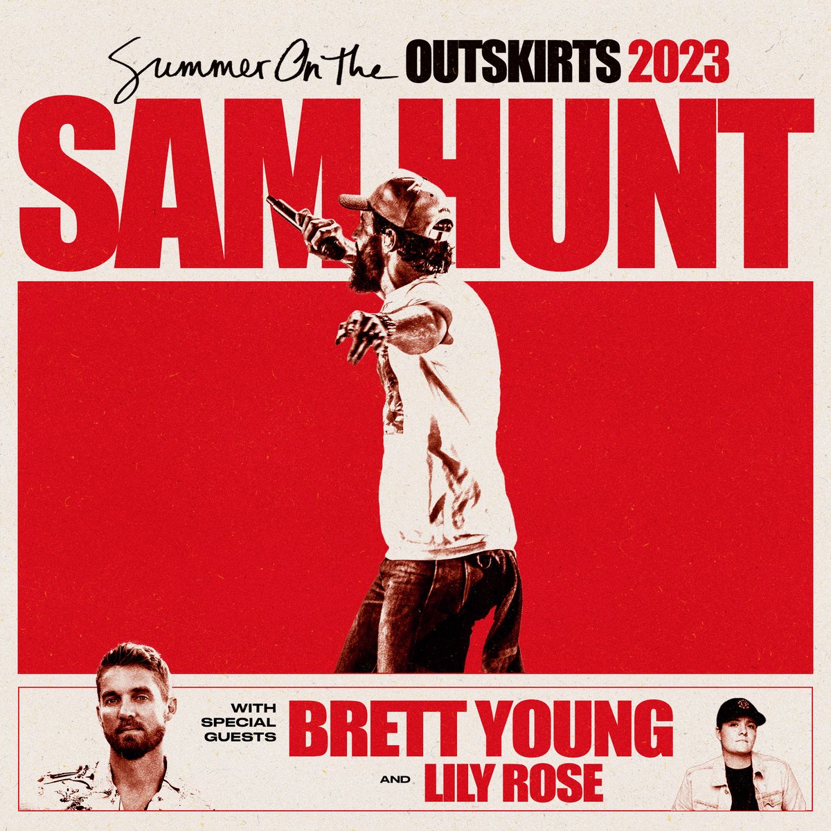 SamHuntMusic's tweet photo. Summer On The Outskirts 2023. Tickets on sale Friday, March 10th. Featuring special guests @BrettYoungMusic &amp; @Lily_Rose_Music.

New song, Outskirts, out Friday.

Sign up for exclusive pre-sale access at:
https://t.co/OfWo1AB4F5 and visit https://t.co/uLKjN3kOqH for VIP packages. https://t.co/ChK8pFzkvb