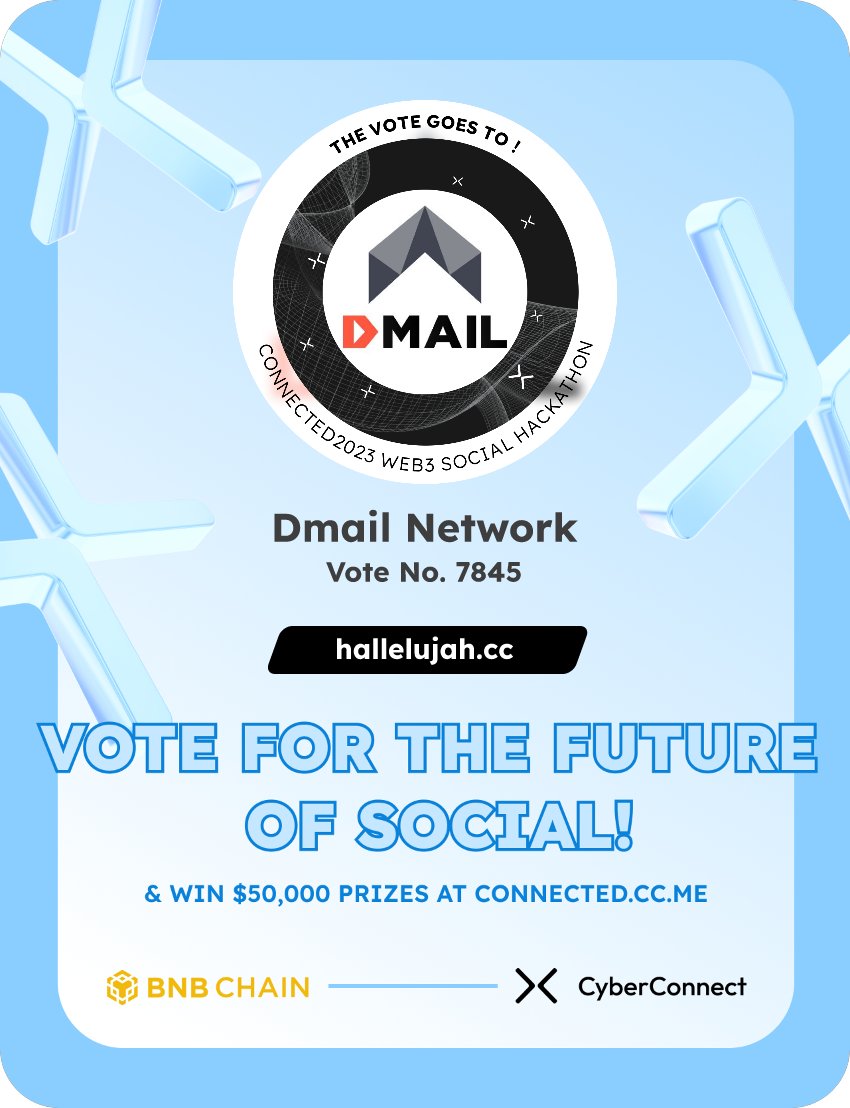 Just voted for my favorite project Dmail Network in #Connected2023, a Web3 Social hackathon by <a href="/CyberConnectHQ/">(Deprecated) CyberConnect</a> the social graph protocol &amp; <a href="/BNBCHAIN/">BNB Chain</a>
Join me to vote for a better social and win $50,000-$100,000 prizes!
connected.cc.me
sig:TPnMru 
  x.com/CyberConnectHQ…