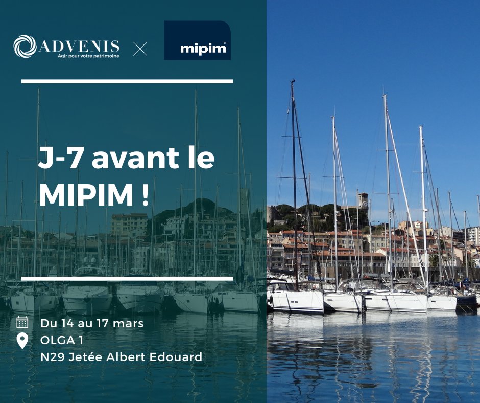 J-7 <a href="/MIPIMWORLD/">MIPIM</a> 2023 | Plus que quelques jours avant le lancement du MIPIM ❗

Retrouvez les équipes d’<a href="/Inovalis/">Ирина Новалис</a> <a href="/Advenis/">Principe Advenis</a> à bord de notre bateau OLGA 1 situé au N29 sur la jetée Albert Edouard du mardi 14 au vendredi 17 mars.

#salonprofessionnel #MIPIM