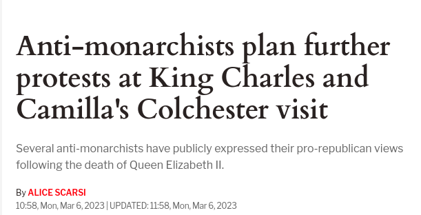 nomoremonarchs's tweet photo. Live near #Colchester?
You can protest against the monarchy tomorrow (7 March, late morning). Charles and Camilla will be at Colchester Castle, then at Colchester Library.
Bring #NotMyKing signs - or even a blank piece of paper! 
#AbolishTheMonarchy 
#downwiththecrown https://t.co/yPLeP0NFQ7