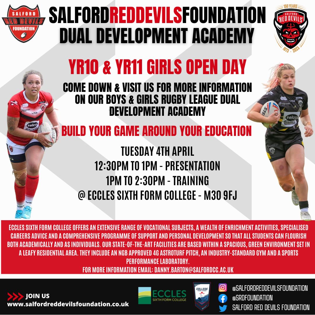 👹 Yr 10 &amp; 11 Girls Open event &amp; development training day!

Thinking about what to do when you leave school ?

Come down &amp; visit us for more information on our Rugby League Dual Development Academy <a href="/EcclesSFCollege/">Eccles Sixth Form College</a>

Build your game around your education!

💪#TogetherStronger|🔴👹