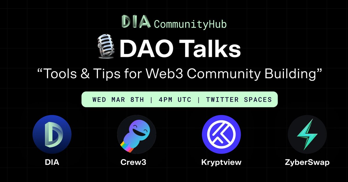 DIAIntern's tweet image. 🎙️ DAO Talks

Join us for the next #DAOTalks episode, where we will chat about the tools and tips on building communities in #Web3.

👥 Guests: @DIAdata_org, @crew3xyz, @theKryptview, @zyberswap

⏰ Wednesday, Mar 8th at 16:00 UTC.

📍