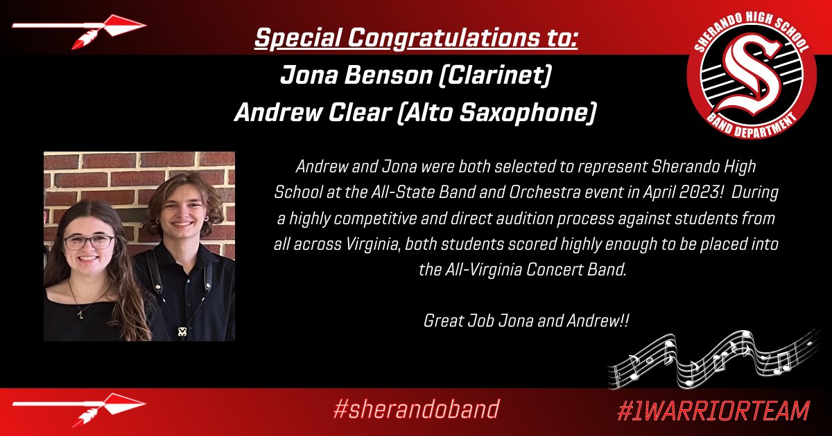 Congratulations to Jona Benson and Andrew Clear on being selected to the All-State Band! #sherandoband #1warriorteam #clubcommunications #allstateband