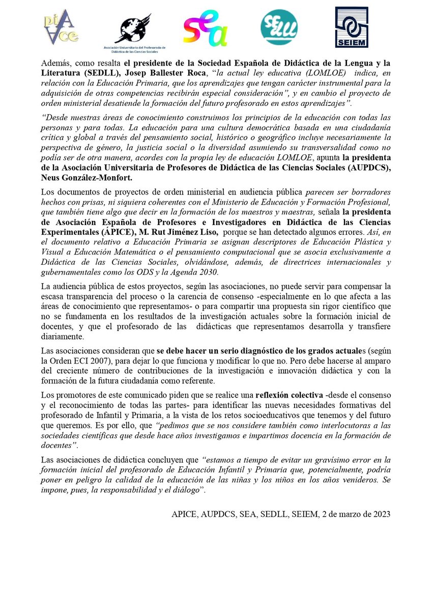 Comunicado conjunto sociedades Didáctica @sociedadSEA, @SEIEM,<a href="/aupdcs/">AUPDCS</a> <a href="/ApiceDce/">APICE DCE</a> sobre el Proyecto del Ministerio de Universidades #nohayconsenso <a href="/GrupElcis/">ELCiS</a> <a href="/AspirinaWoolf/">Aspirina</a> <a href="/josepballesterr/">josepballester</a> @oltramiquel <a href="/Cepli_uclm/">CEPLI</a> <a href="/GrupGIEL/">Grup GIEL</a> <a href="/GrupEDiUV/">EDi</a> @FacMagisteri