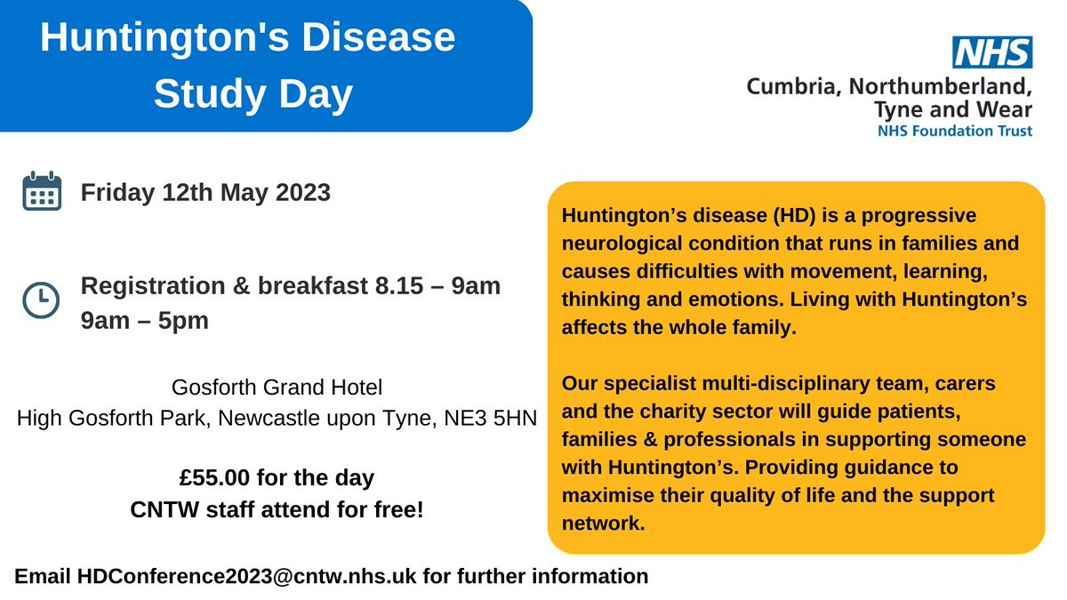 CNTWNHS's tweet photo. We're excited to announce that applications for the Huntington’s Disease Conference are open!

The day will be a mix of speakers and smaller seminars.  

Hot breakfast, hot lunch, teas and coffees are included on the day!

Book via the link below  https://t.co/OOK8b5WSHH https://t.co/lPQlMakZuF